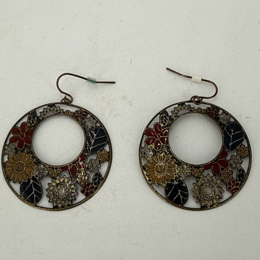 Bohemian-Style Bronze Flower Hollow Round Disc Dangle Earrings-Light Weight